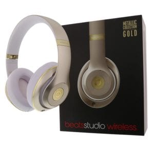 Ortery eCommerce Product Photography Example - Beats by Dr Dre Gold with white muffs with original box aside 360 spinning product photography example